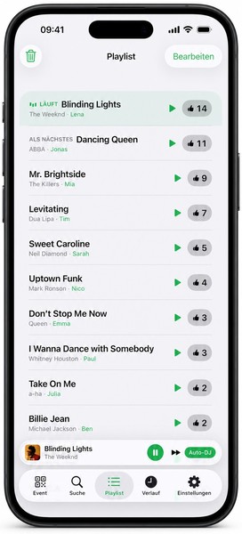 Juqed Go auf einem iPhone: die Playlist mit gewünschten Songs und ihren Stimmen